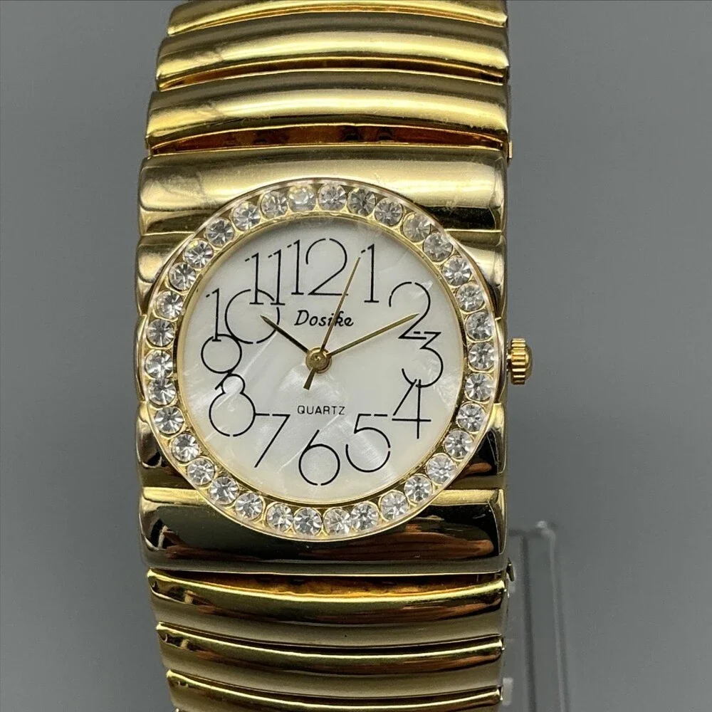 Dosika Womens Watch 33mm MOP Dial Gold Tone Stretch Crystals New Battery